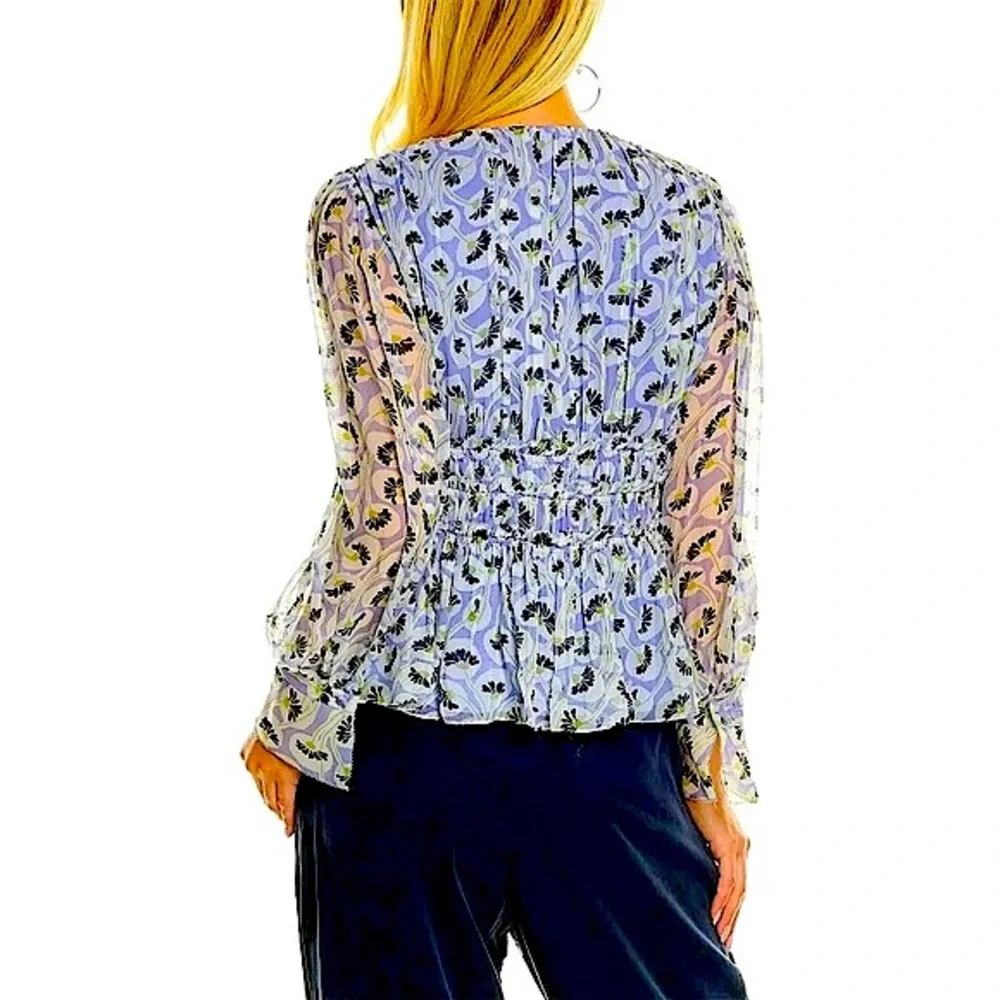 NWT Rebecca Taylor Deco Floral Print Silk Blouse Fleur Aster Ruffle Peplum Sz 8 - Picture 3 of 13